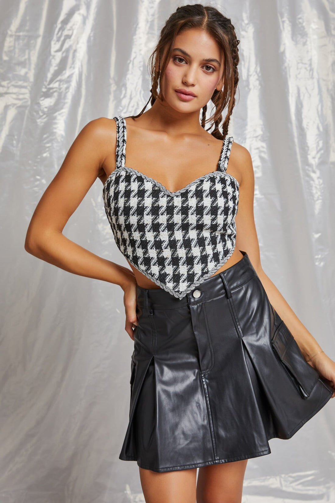 Houndstooth Crystal Trim Heart Tweed Crop Top