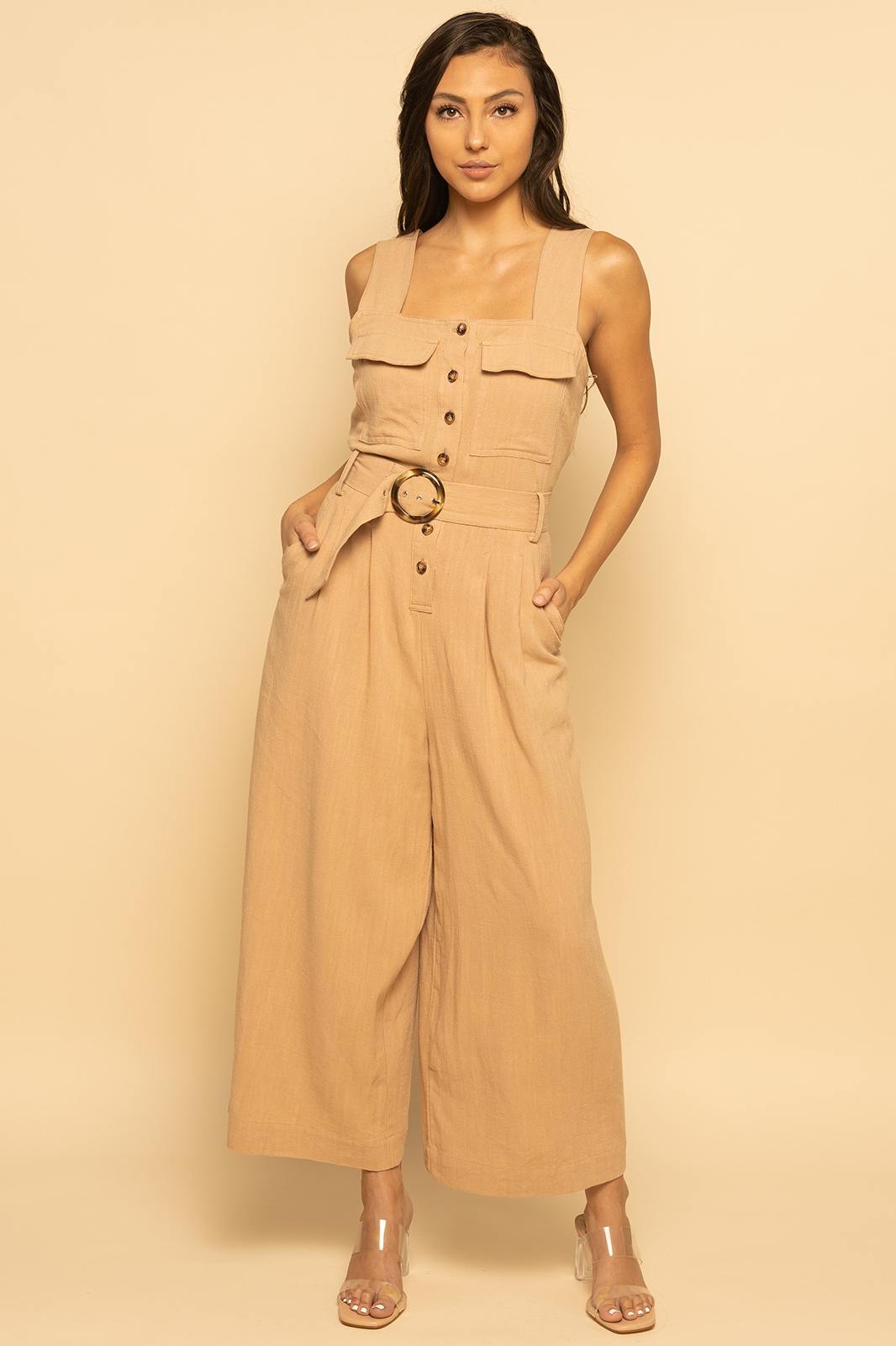 Khaki Beige Belted Utility Linen Button Down Sleeveless Jumpsuit