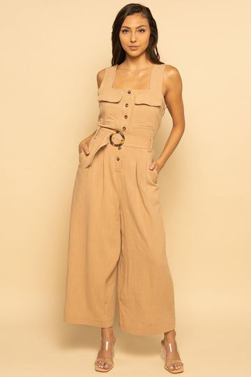 Khaki Beige Belted Utility Linen Button Down Sleeveless Jumpsuit