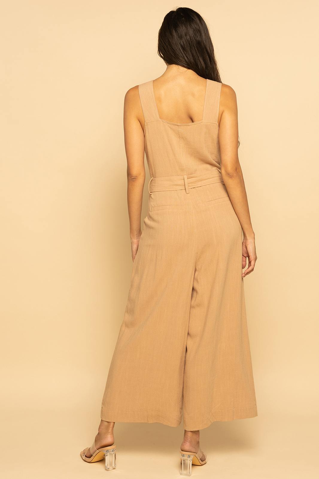 Khaki Beige Belted Utility Linen Button Down Sleeveless Jumpsuit