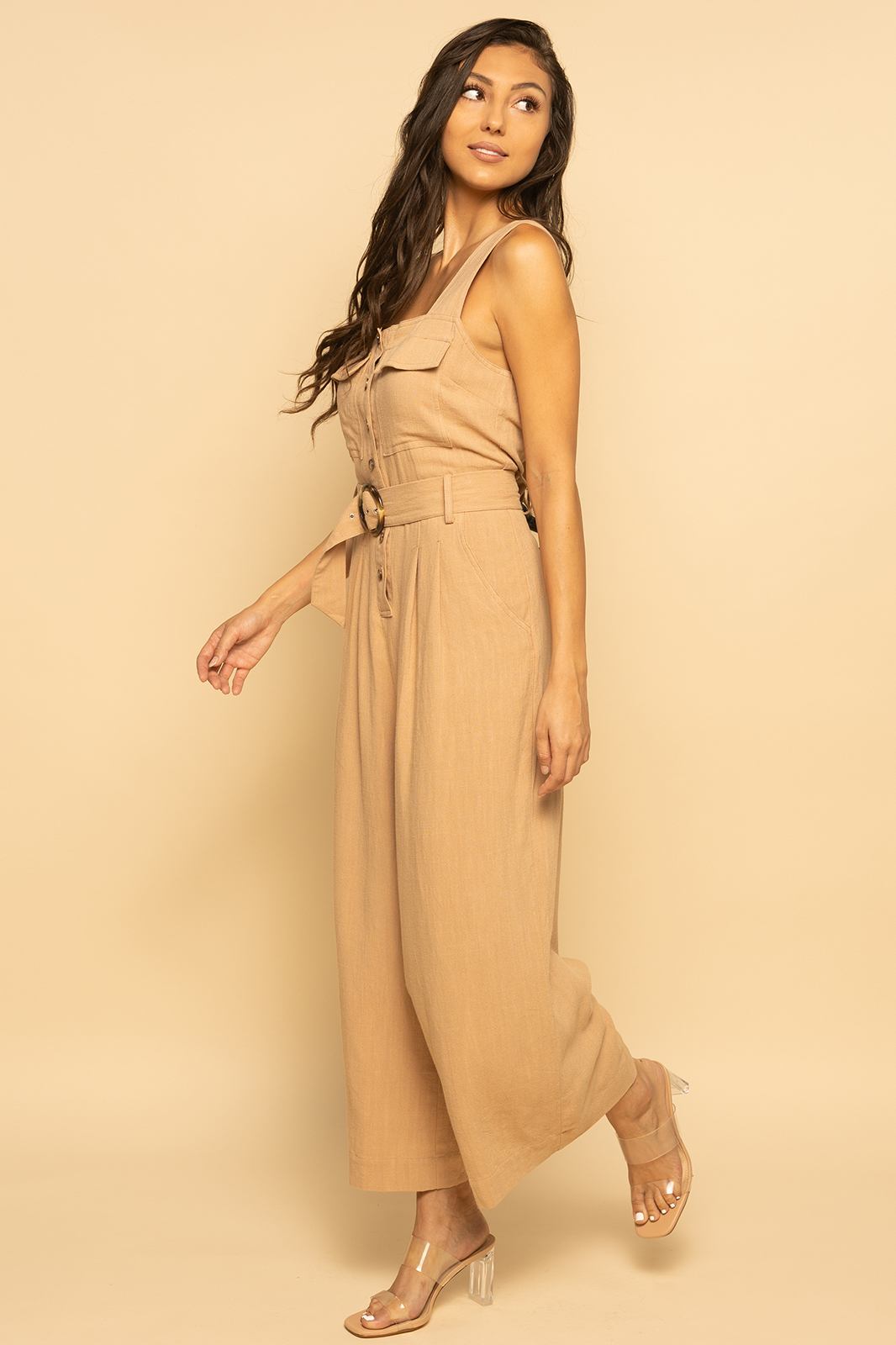 Khaki Beige Belted Utility Linen Button Down Sleeveless Jumpsuit