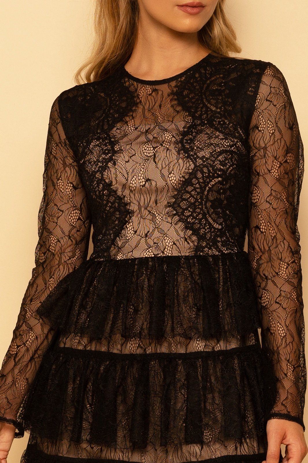 Lace Ruffle Hem Long Sleeve Black Dress