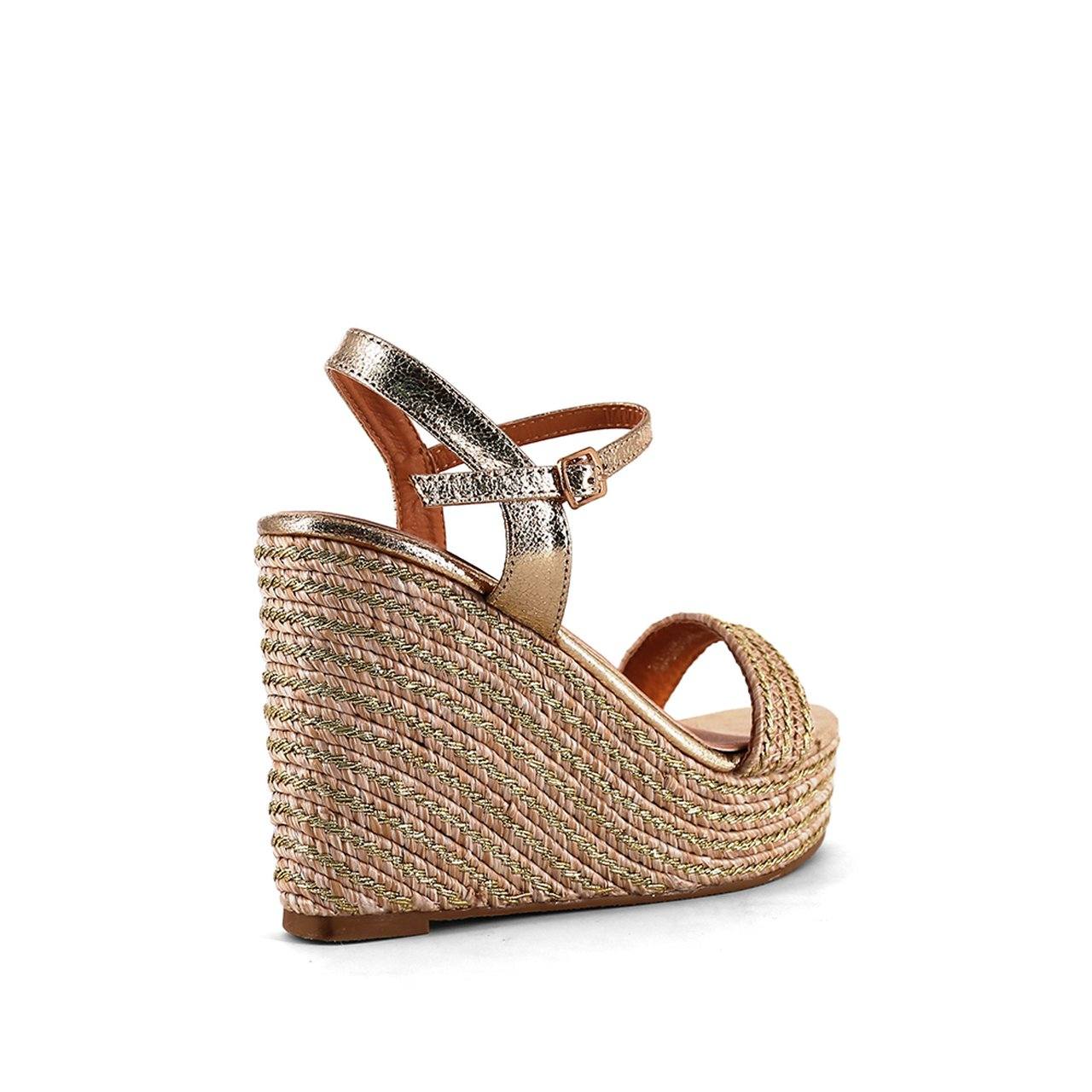 Lena Metallic Gold Leather Raffia Wedge Sandal