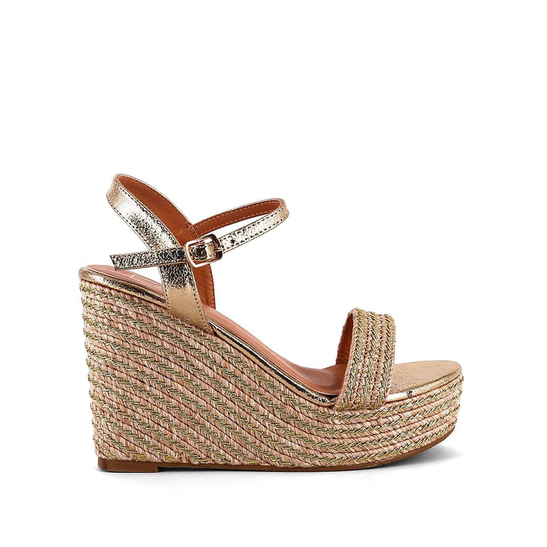 Lena Metallic Gold Leather Raffia Wedge Sandal