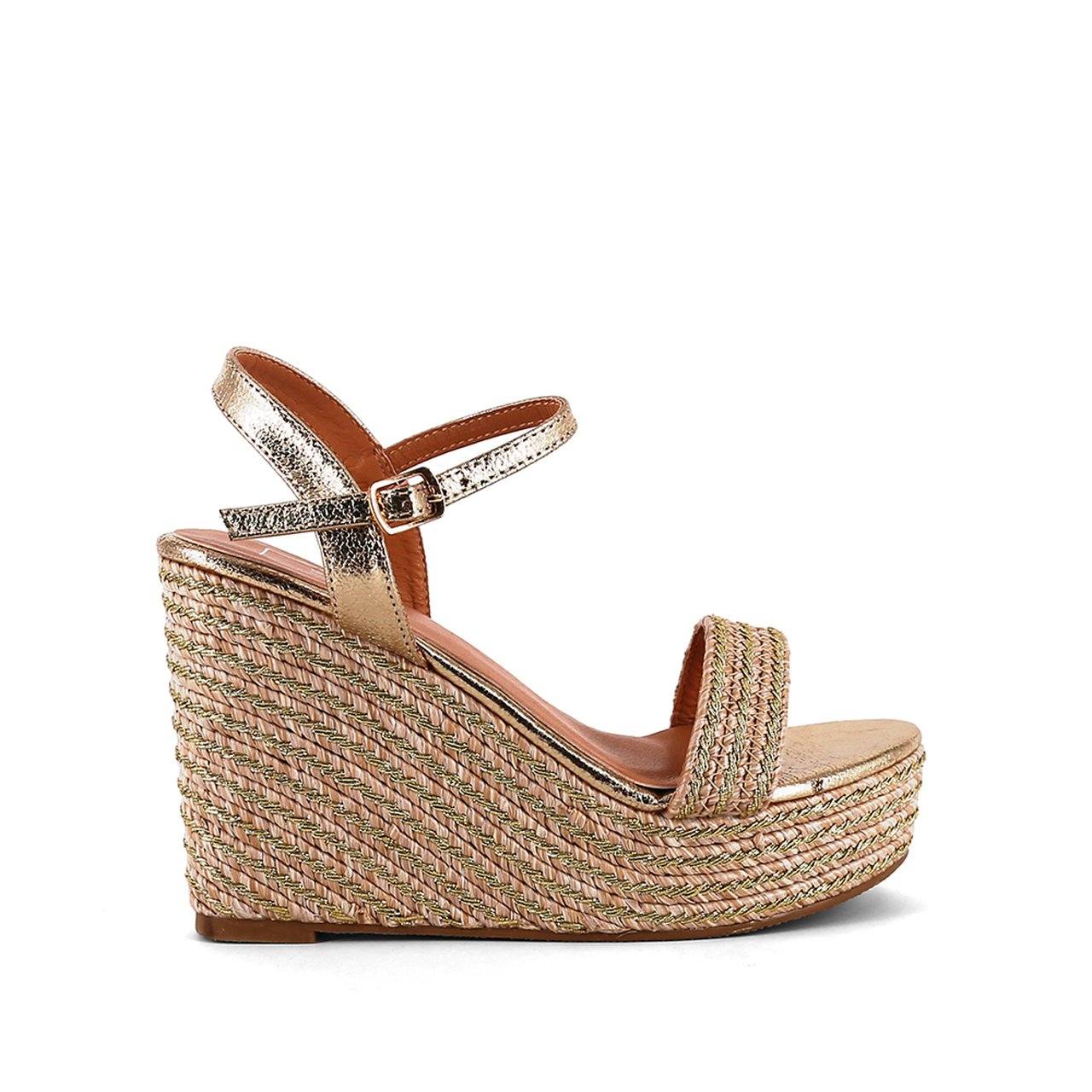 Lena Metallic Gold Leather Raffia Wedge Sandal