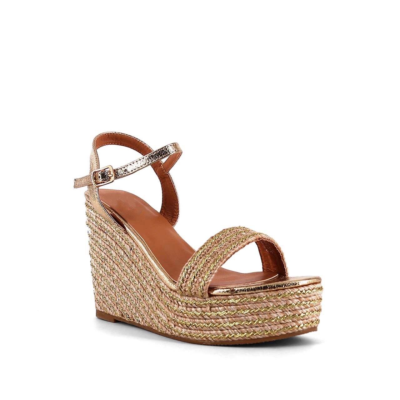 Lena Metallic Gold Leather Raffia Wedge Sandal