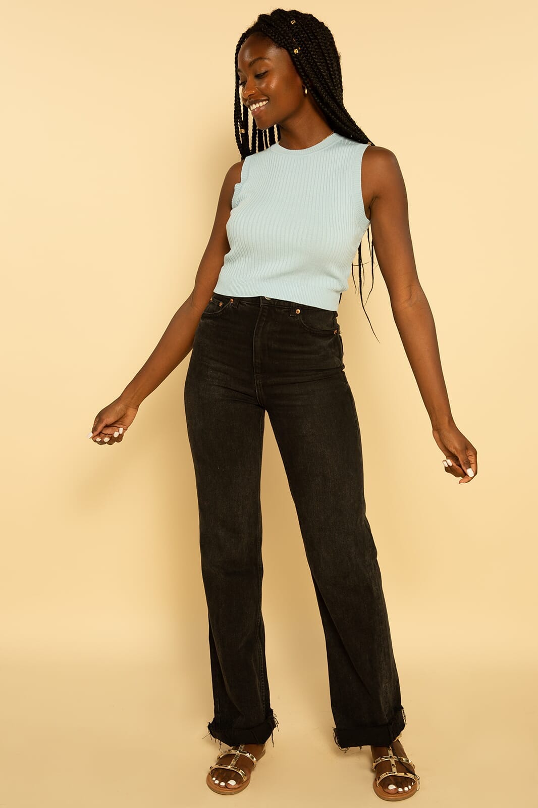 Light Blue Sleeveless Cropped Ribbed Sweater Knit Top