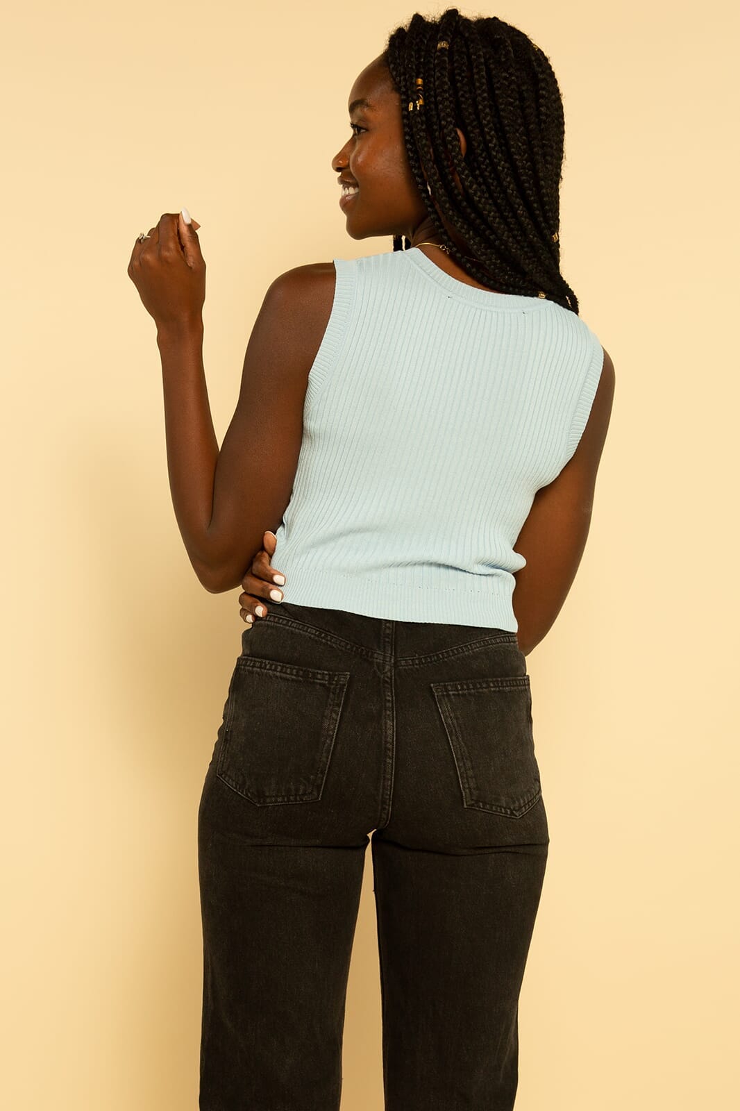 Light Blue Sleeveless Cropped Ribbed Sweater Knit Top