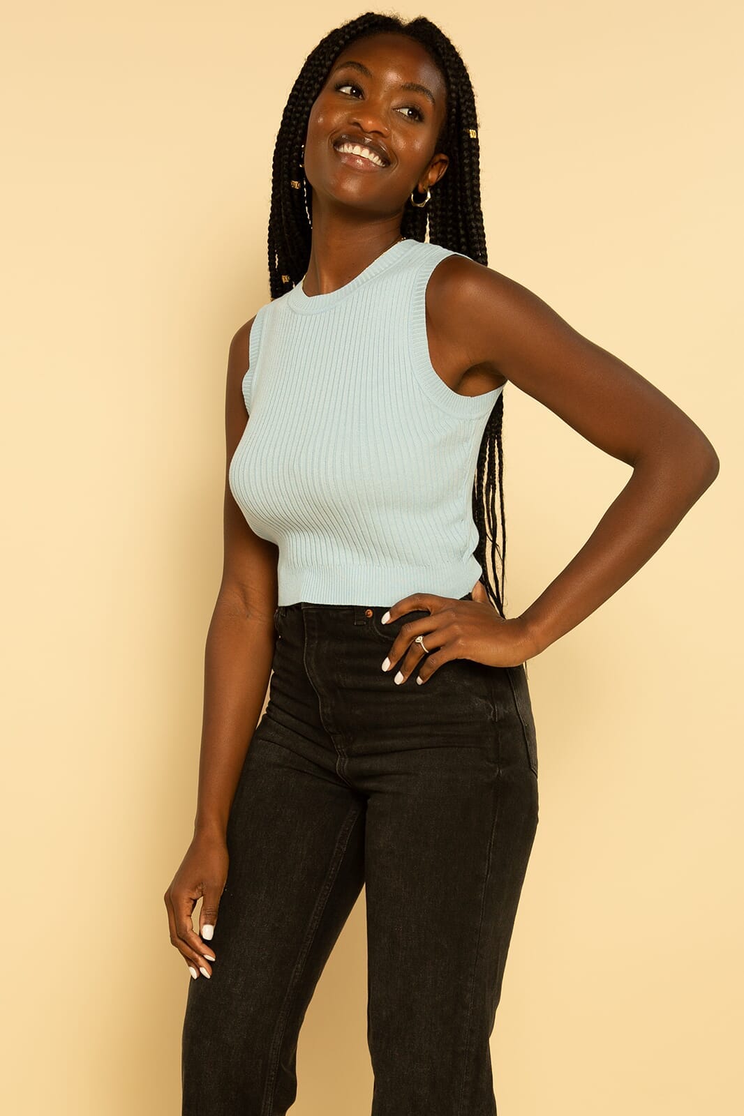 Light Blue Sleeveless Cropped Ribbed Sweater Knit Top