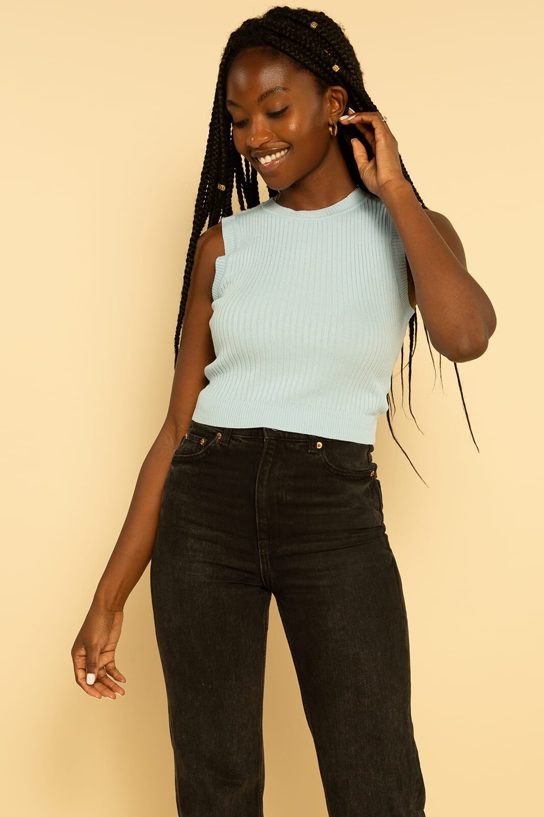 Light Blue Sleeveless Cropped Ribbed Sweater Knit Top
