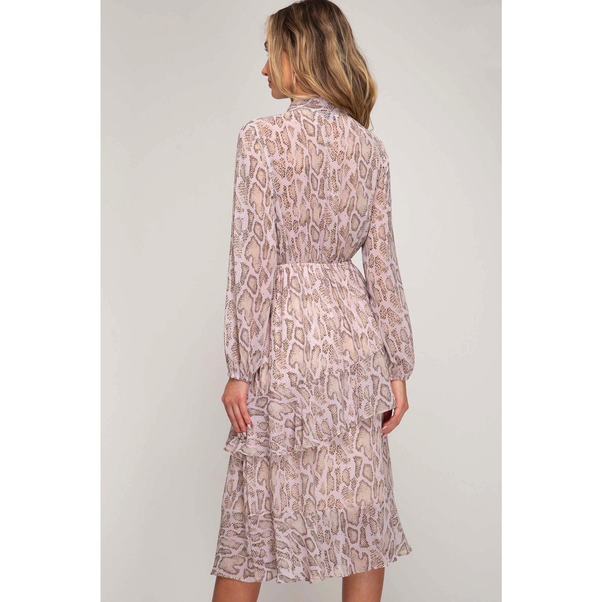 Light Pink Snake Print Tie Neck Midi Dress