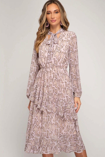 Light Pink Snake Print Tie Neck Midi Dress