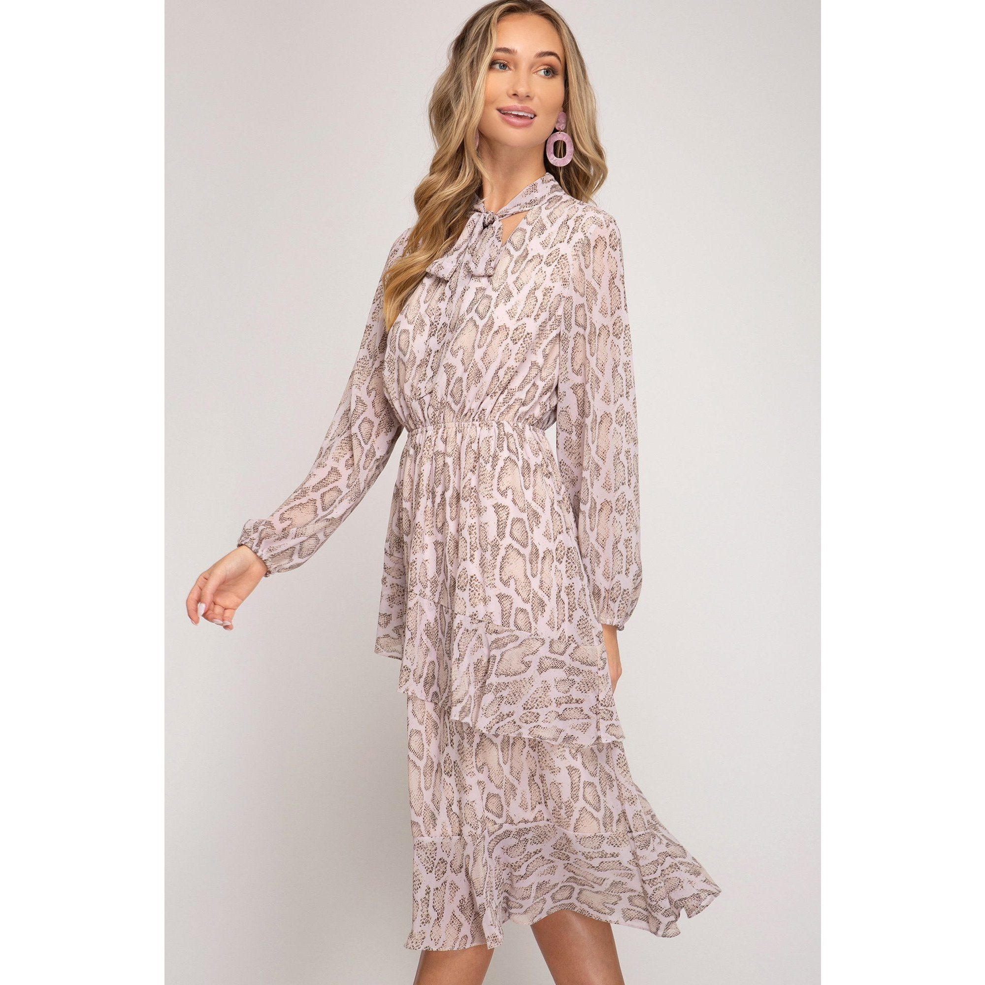 Light Pink Snake Print Tie Neck Midi Dress