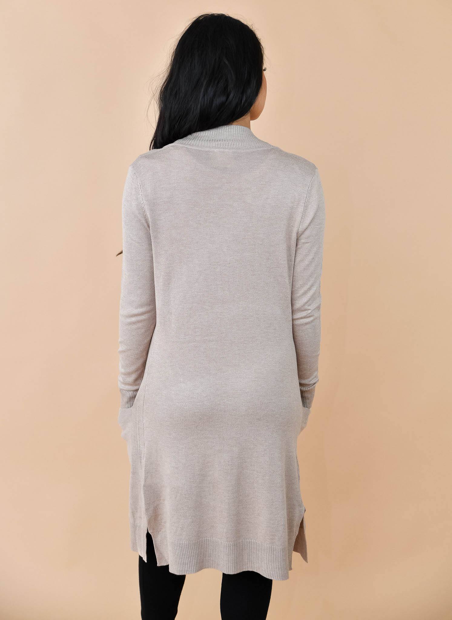 Long Beige Open Front Pocketed Knit Duster Cardigan