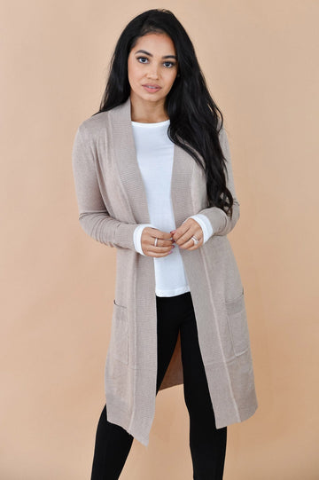 Long Beige Open Front Pocketed Knit Duster Cardigan