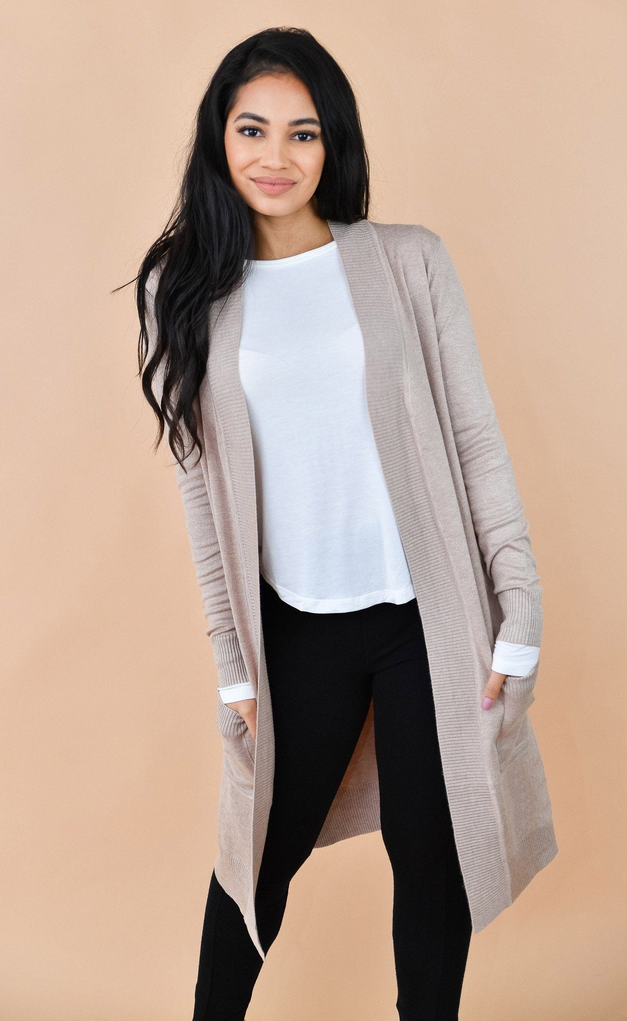 Long Beige Open Front Pocketed Knit Duster Cardigan