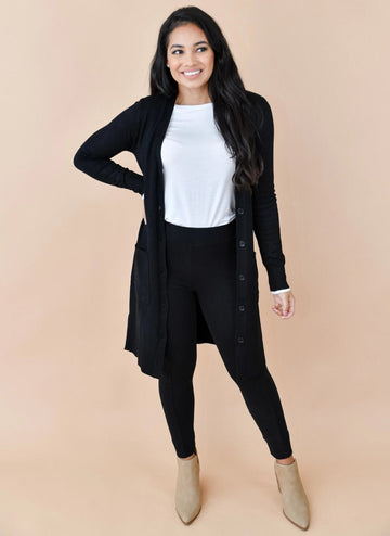 Long Black Open Front Knit Duster Cardigan Sweater