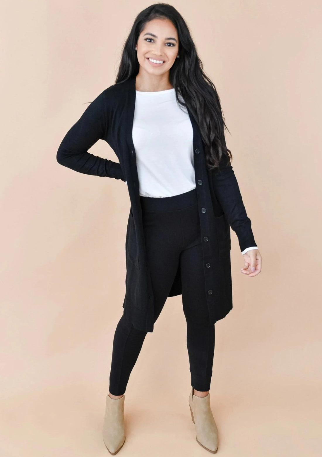 Long Black Open Front Knit Duster Cardigan Sweater