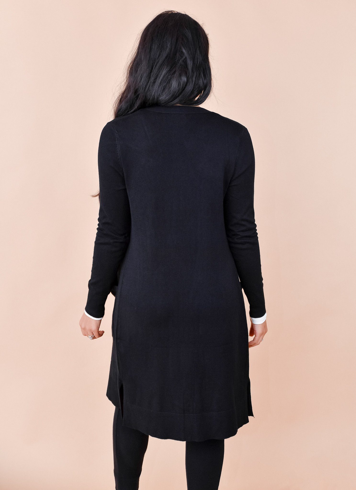 Long Black Open Front Knit Duster Cardigan Sweater