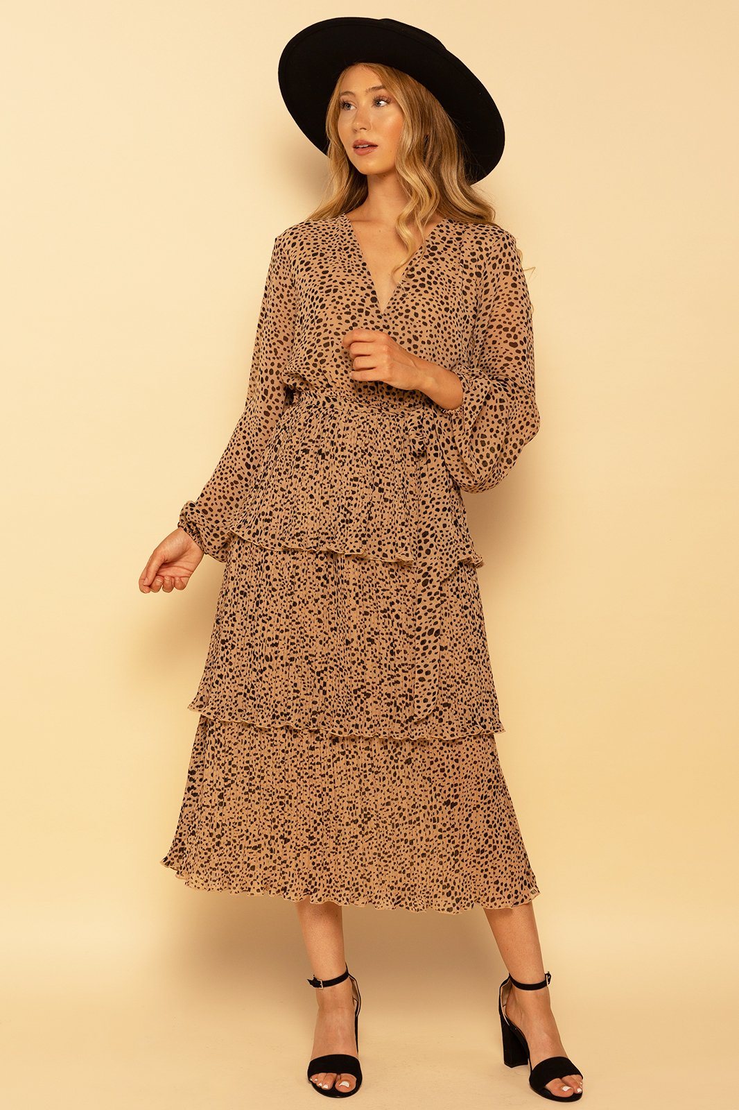 Long Sleeve Cheetah Animal Print Pleated Midi Dress