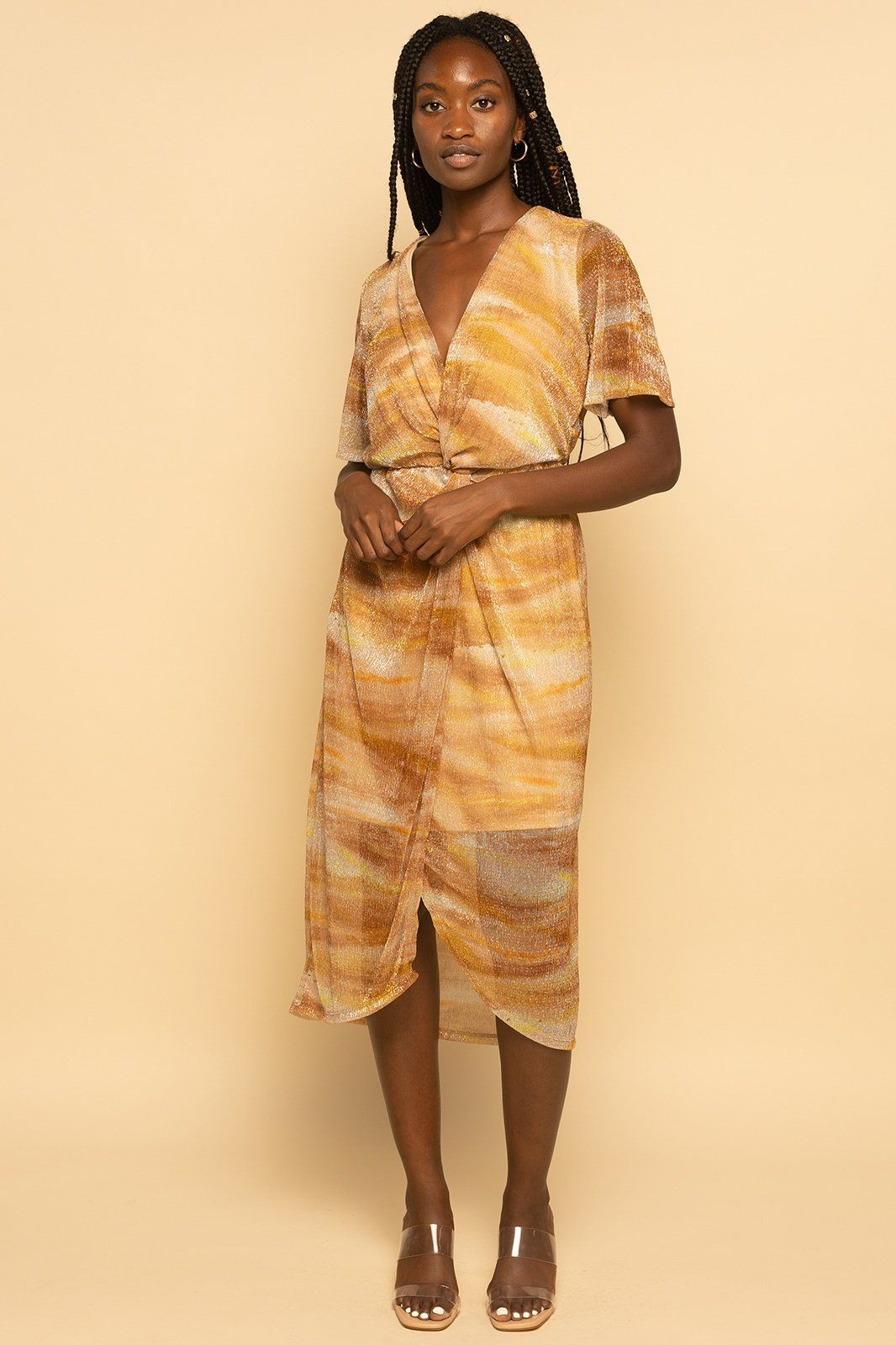 Metallic Gold Multi Abstract Dolman Plisse Midi Dress