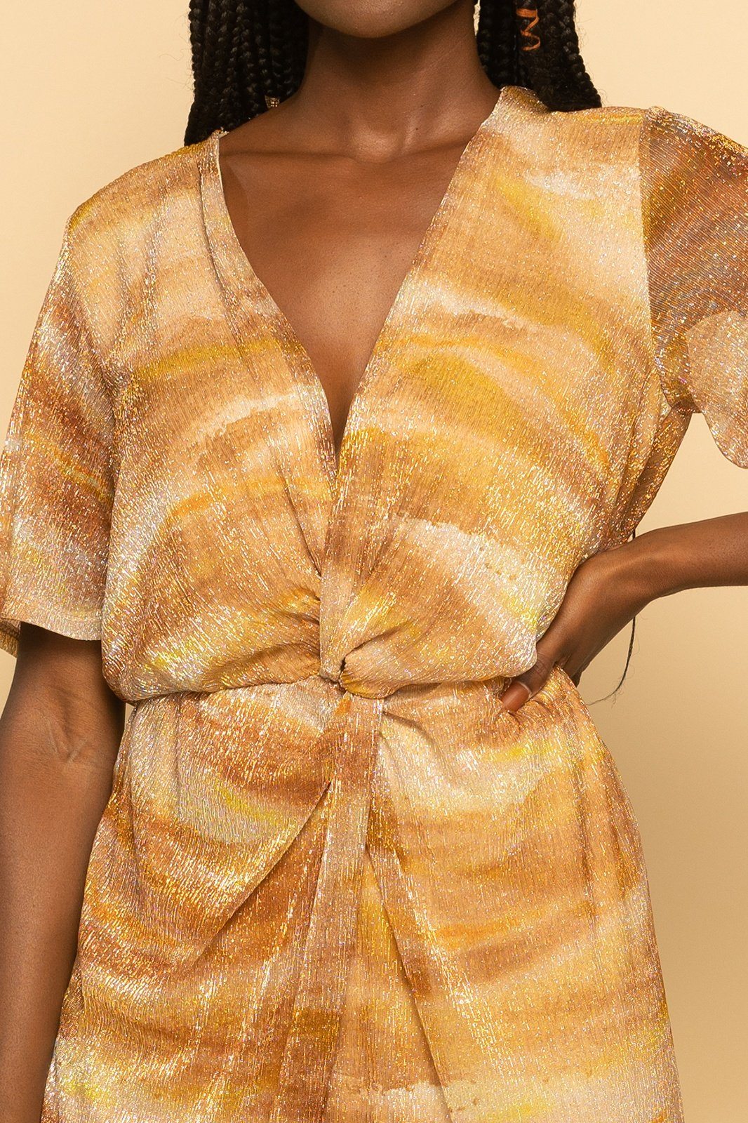 Metallic Gold Multi Abstract Dolman Plisse Midi Dress