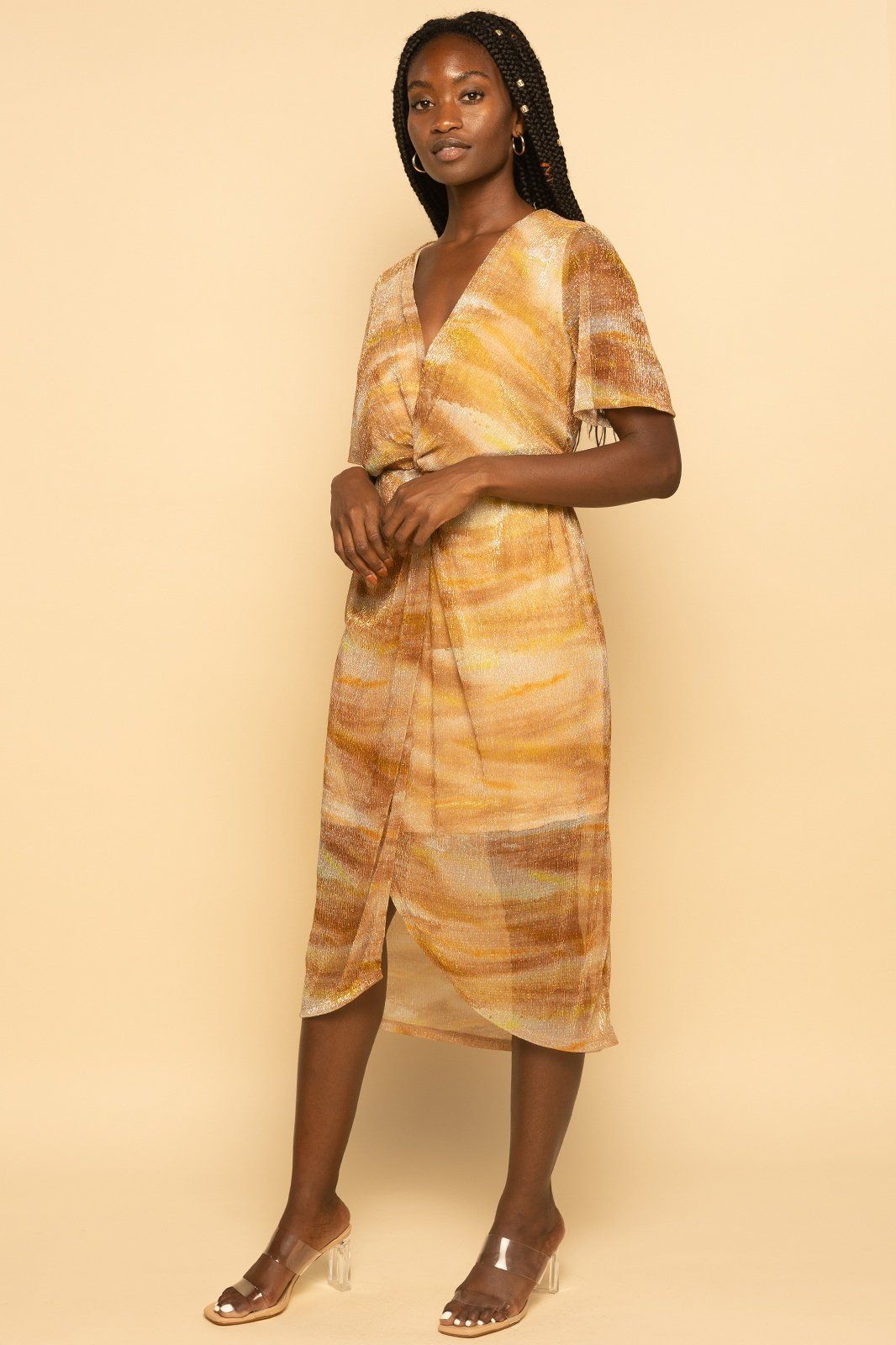 Metallic Gold Multi Abstract Dolman Plisse Midi Dress