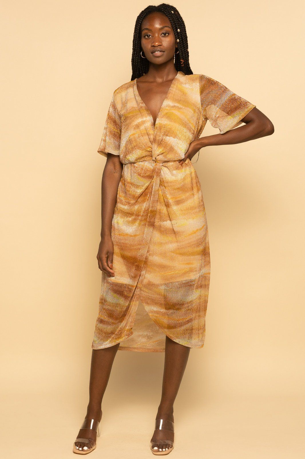 Metallic Gold Multi Abstract Dolman Plisse Midi Dress