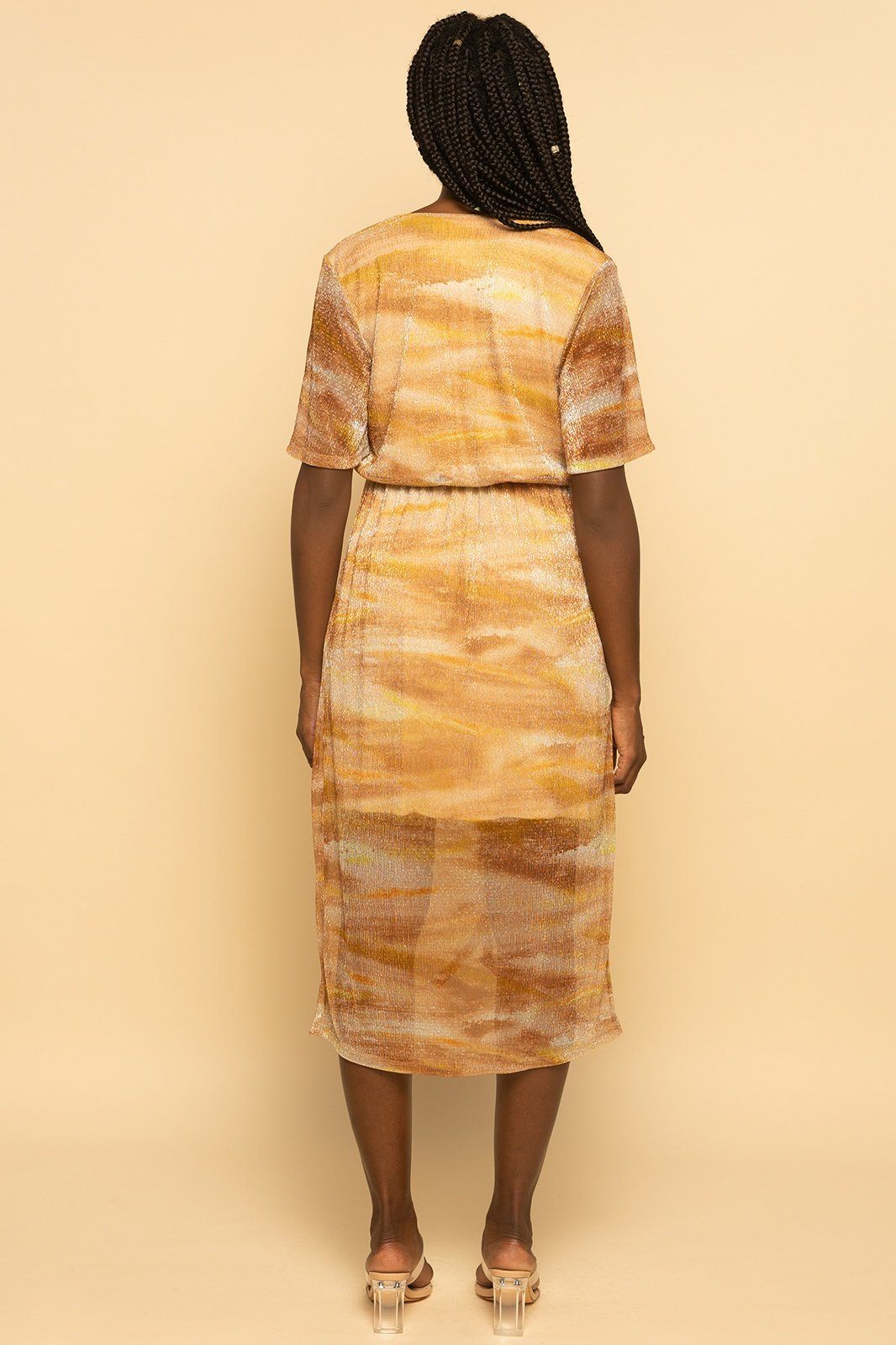 Metallic Gold Multi Abstract Dolman Plisse Midi Dress