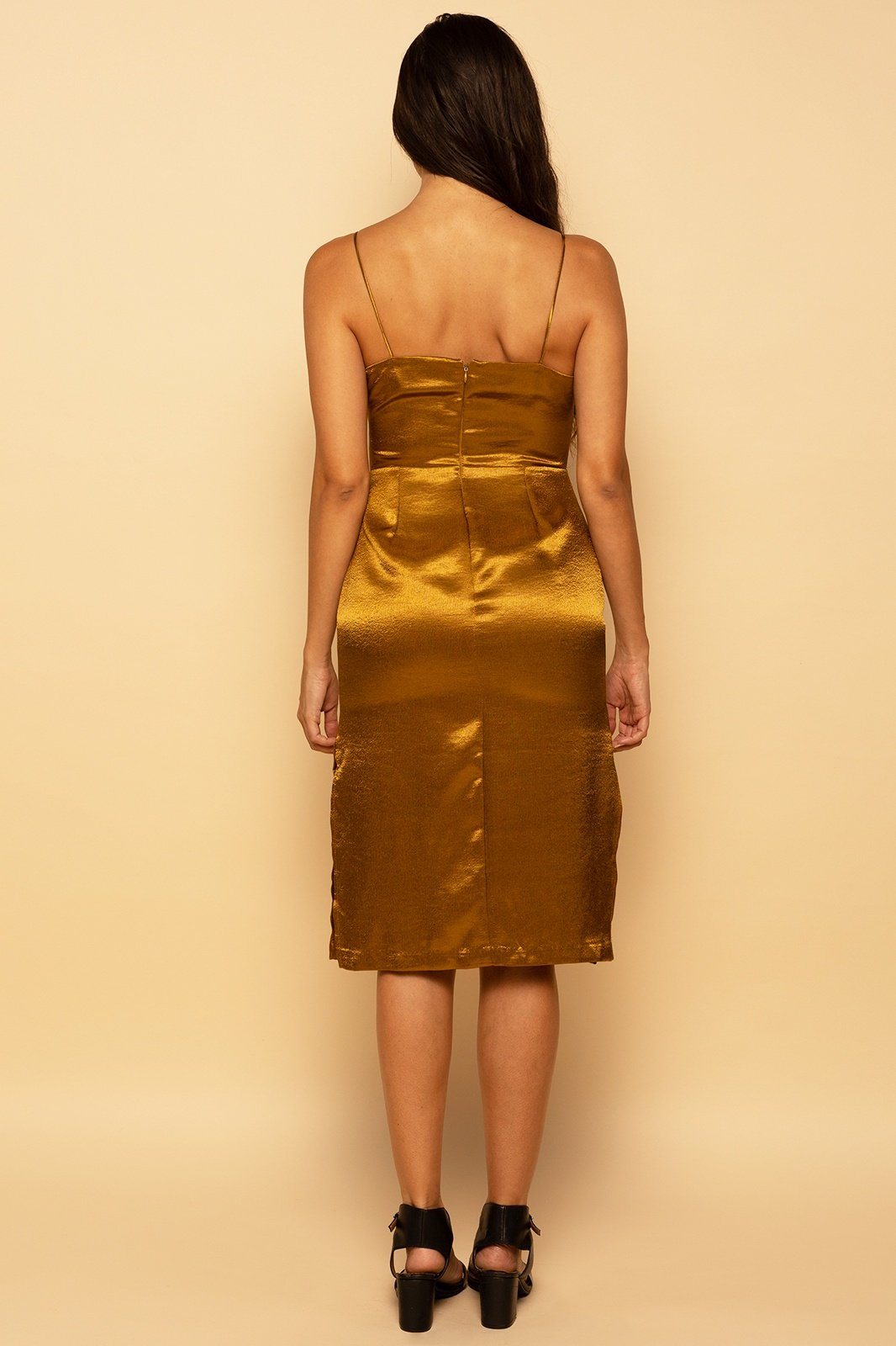 Metallic Gold Satin Lace Trim Midi Dress