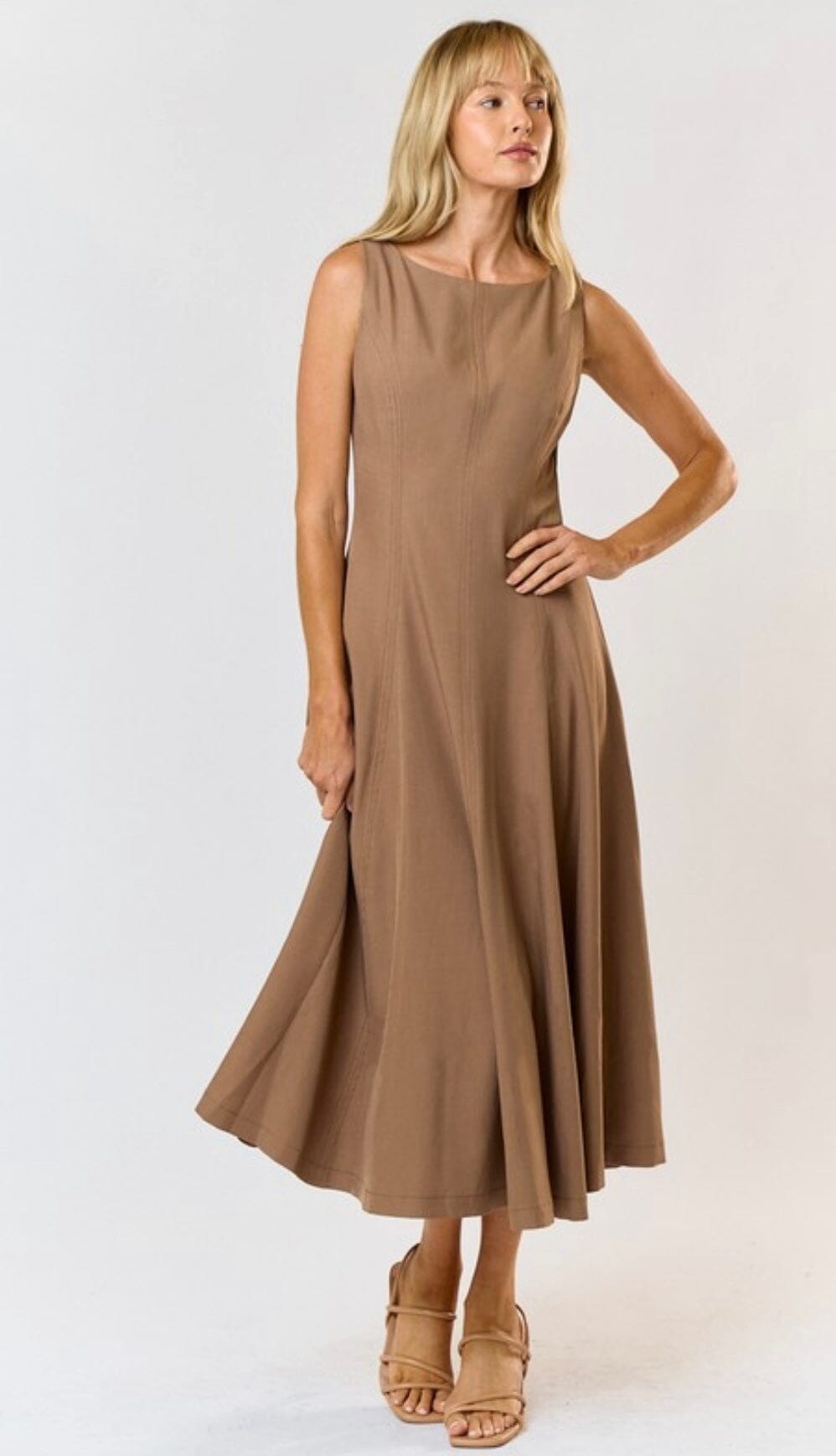 Mocha Beige Fit and Flare Sleeveless Midi Dress