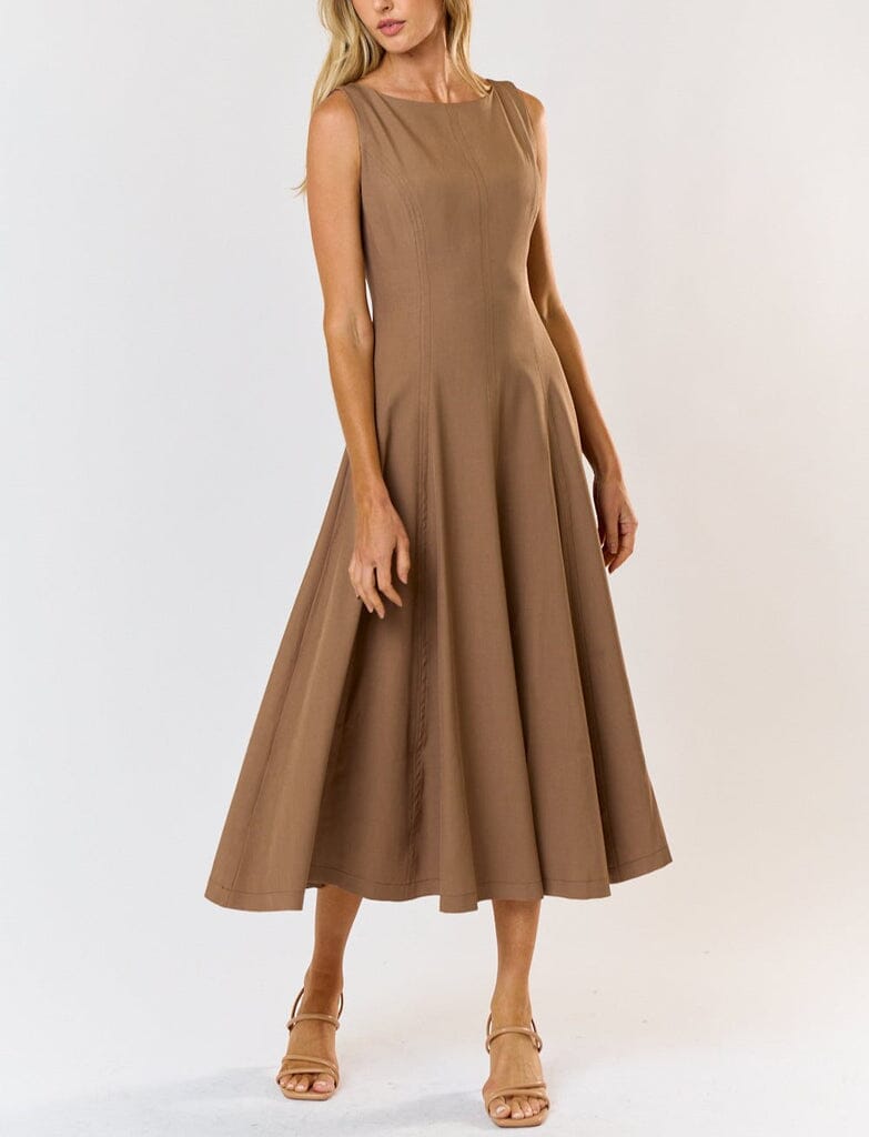 Mocha Beige Fit and Flare Sleeveless Midi Dress
