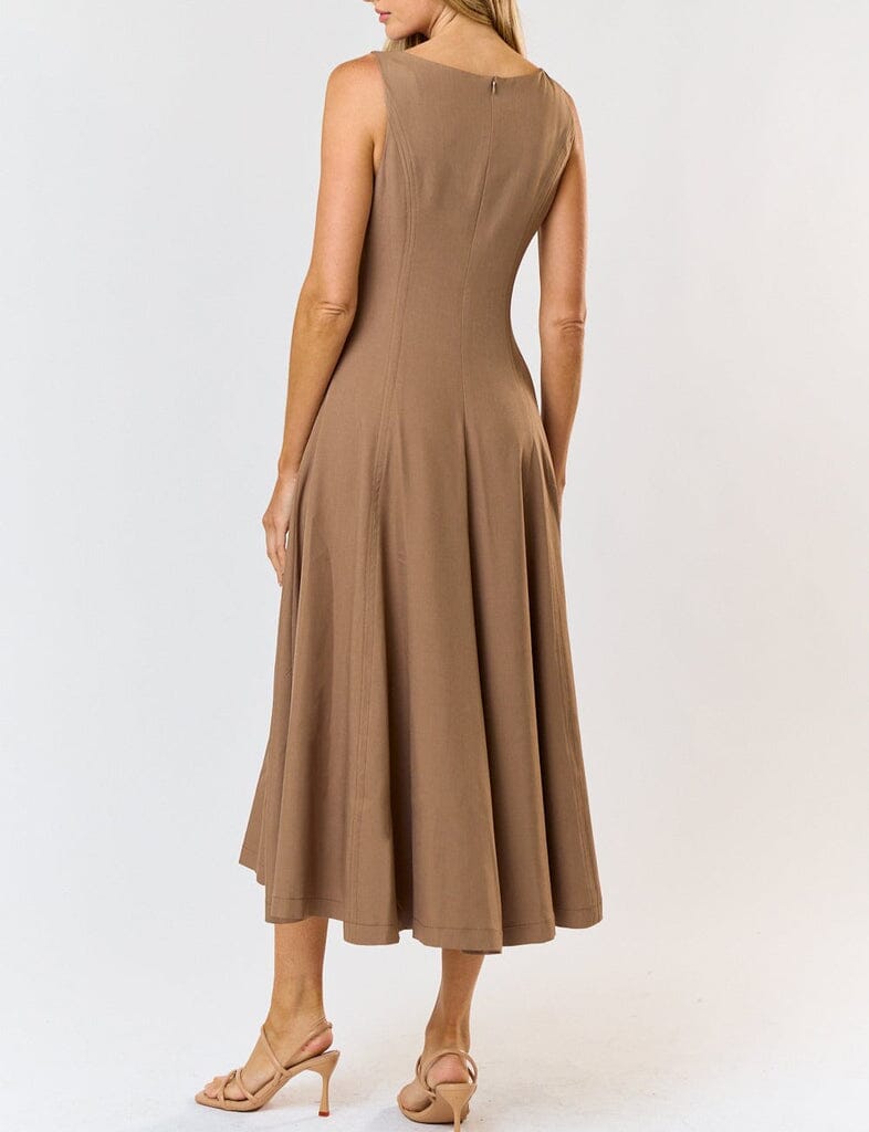 Mocha Beige Fit and Flare Sleeveless Midi Dress