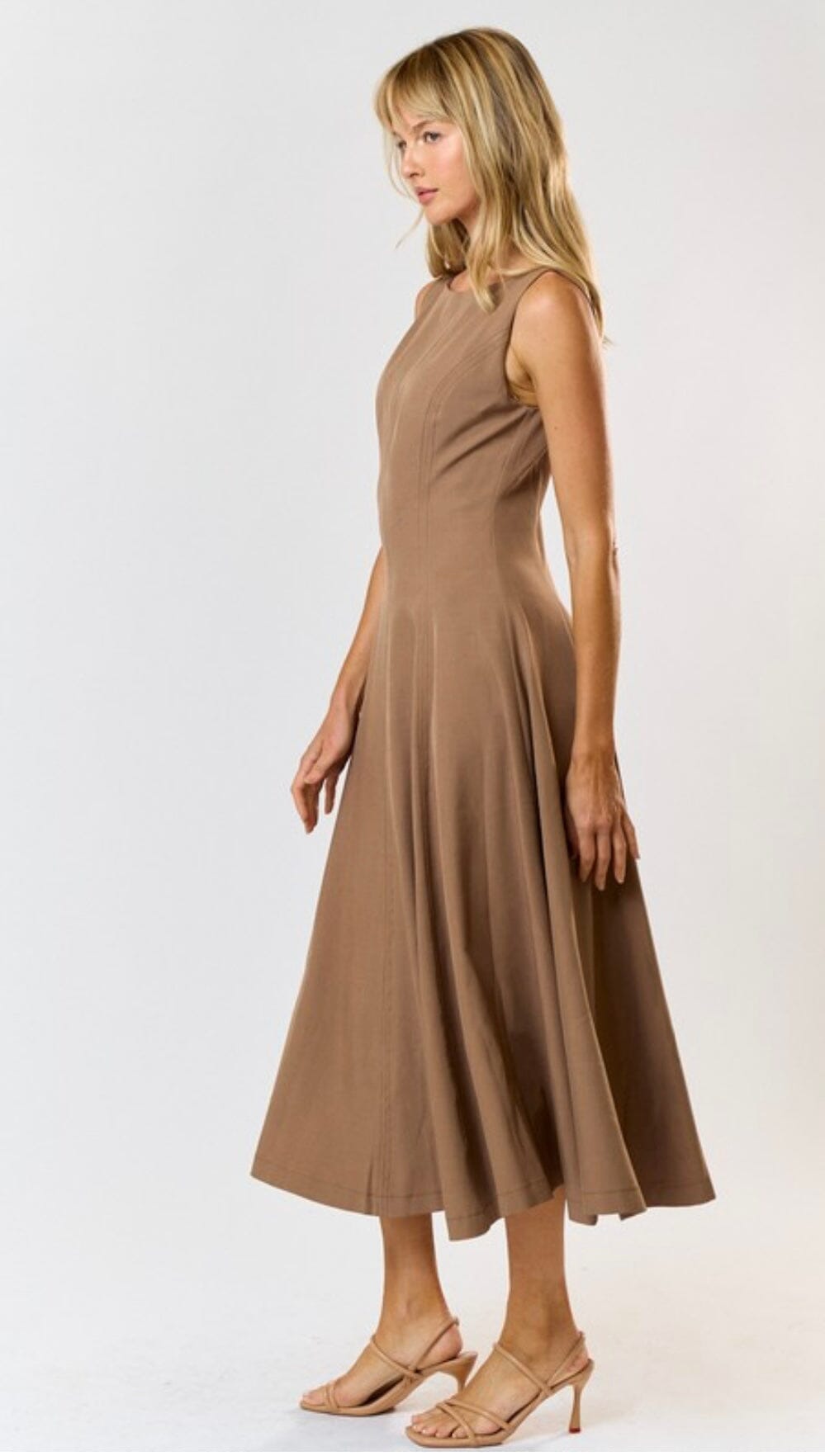Mocha Beige Fit and Flare Sleeveless Midi Dress