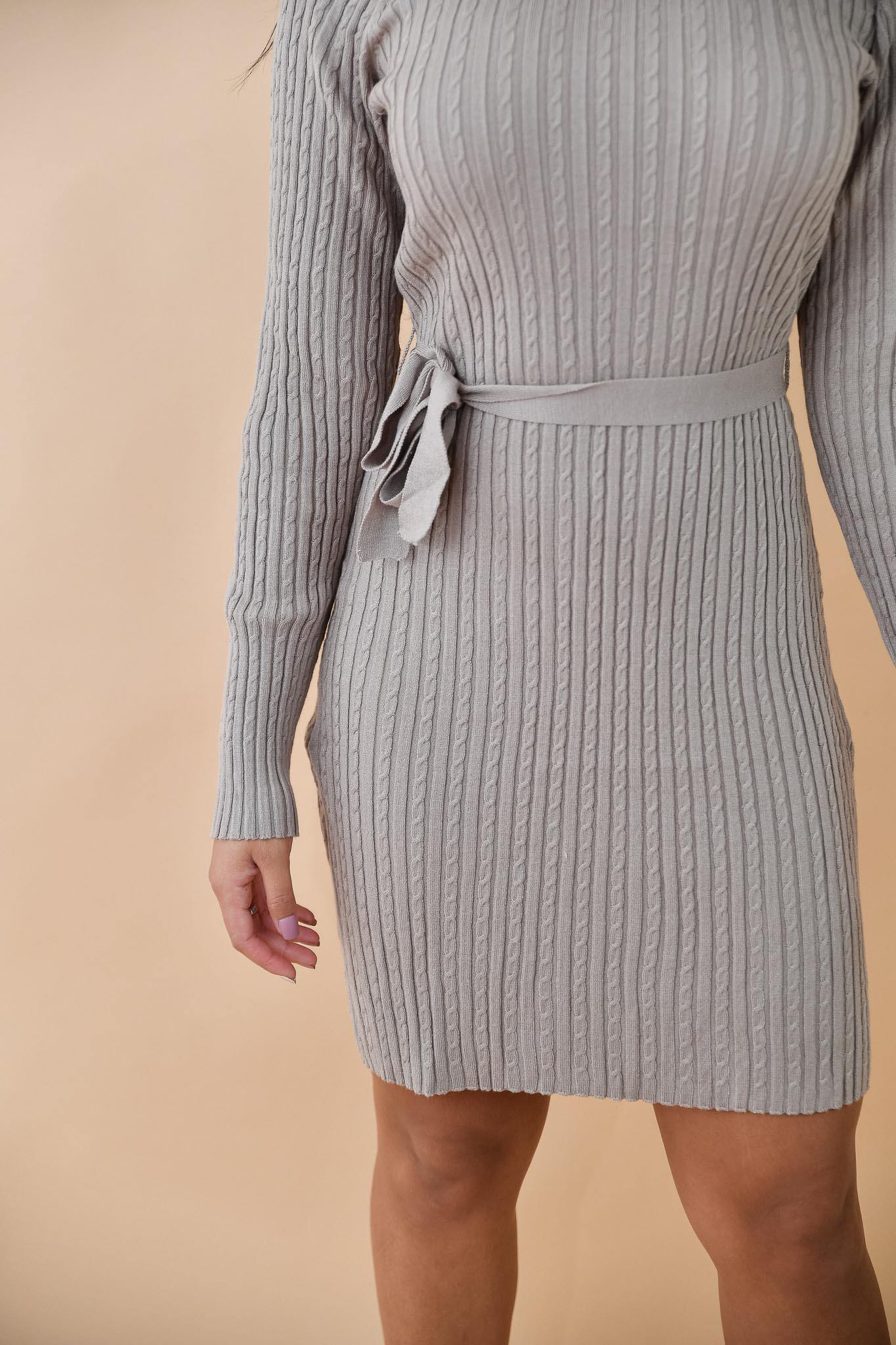Mocha Cable Knit Tie-Waist Sweater Dress