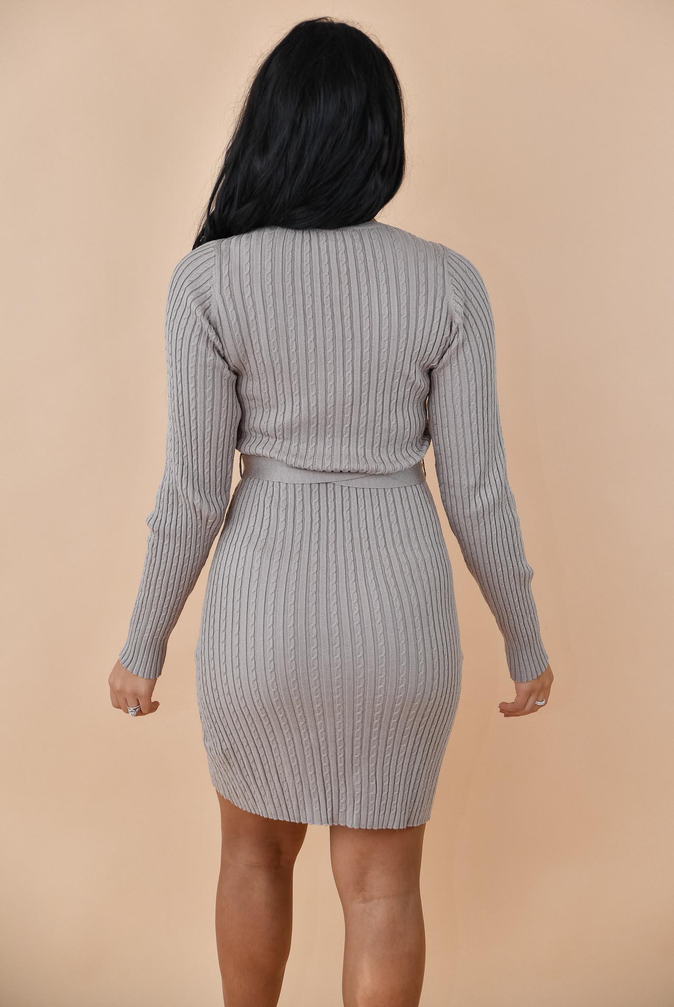 Mocha Cable Knit Tie-Waist Sweater Dress
