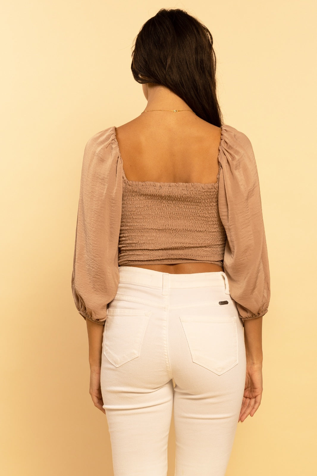 Mocha Square Neck Puff Sleeve Ruched Drawstring Crop Top