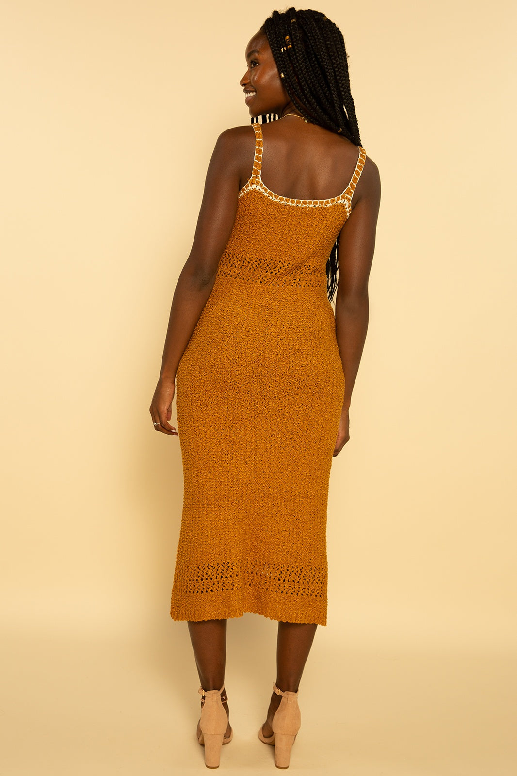 Mustard Yellow Crochet Knit Midi Dress