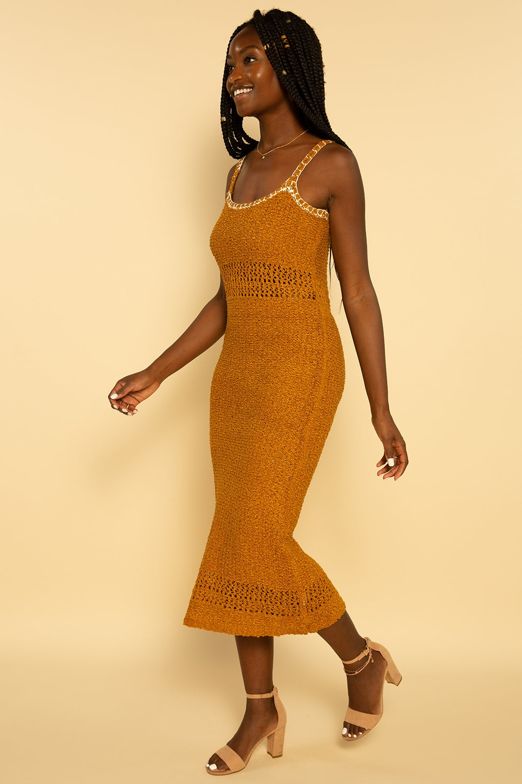 Mustard Yellow Crochet Knit Midi Dress
