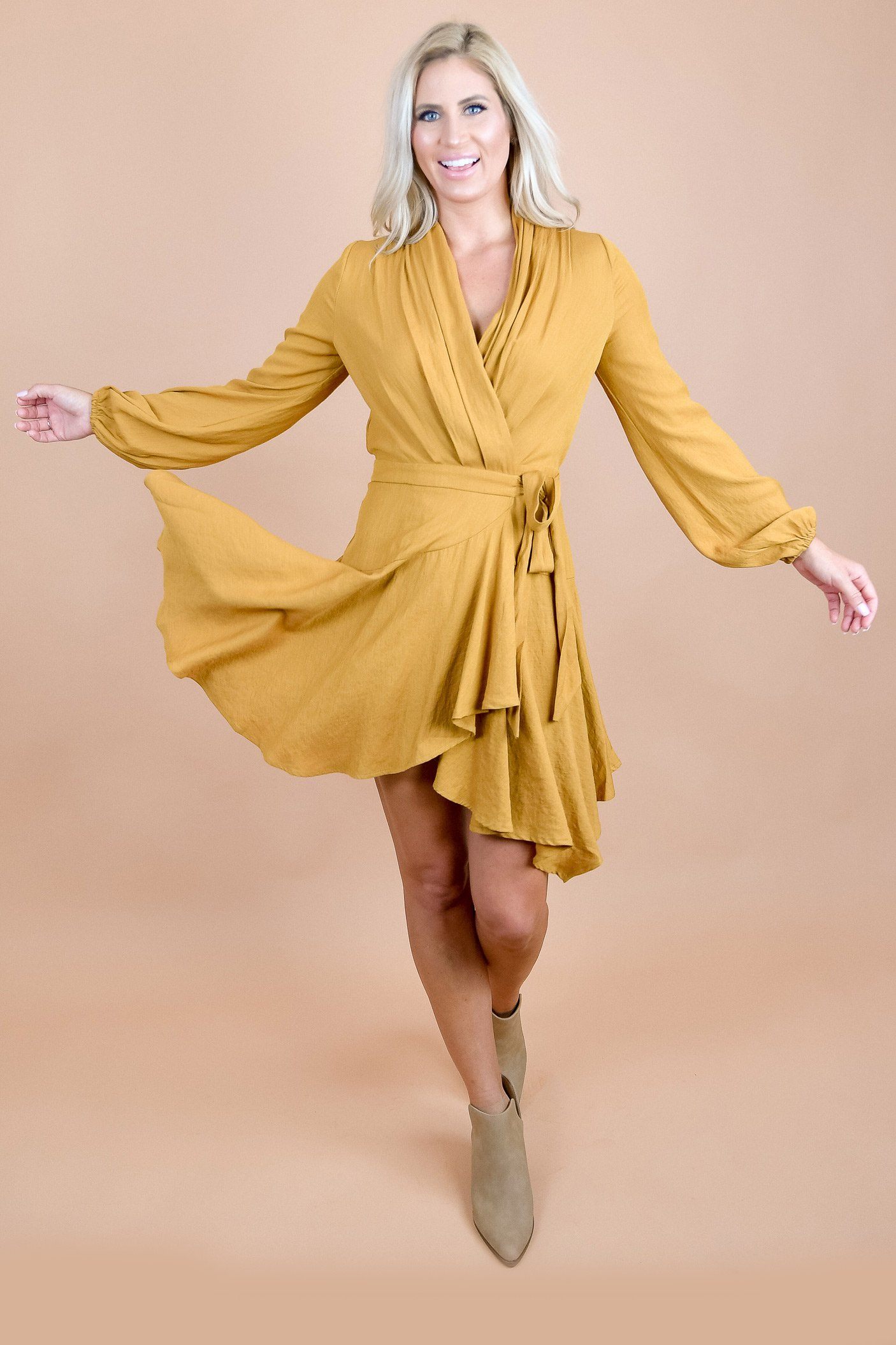 Mustard Yellow Pleated Wrap Dress