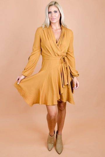Mustard Yellow Pleated Wrap Dress