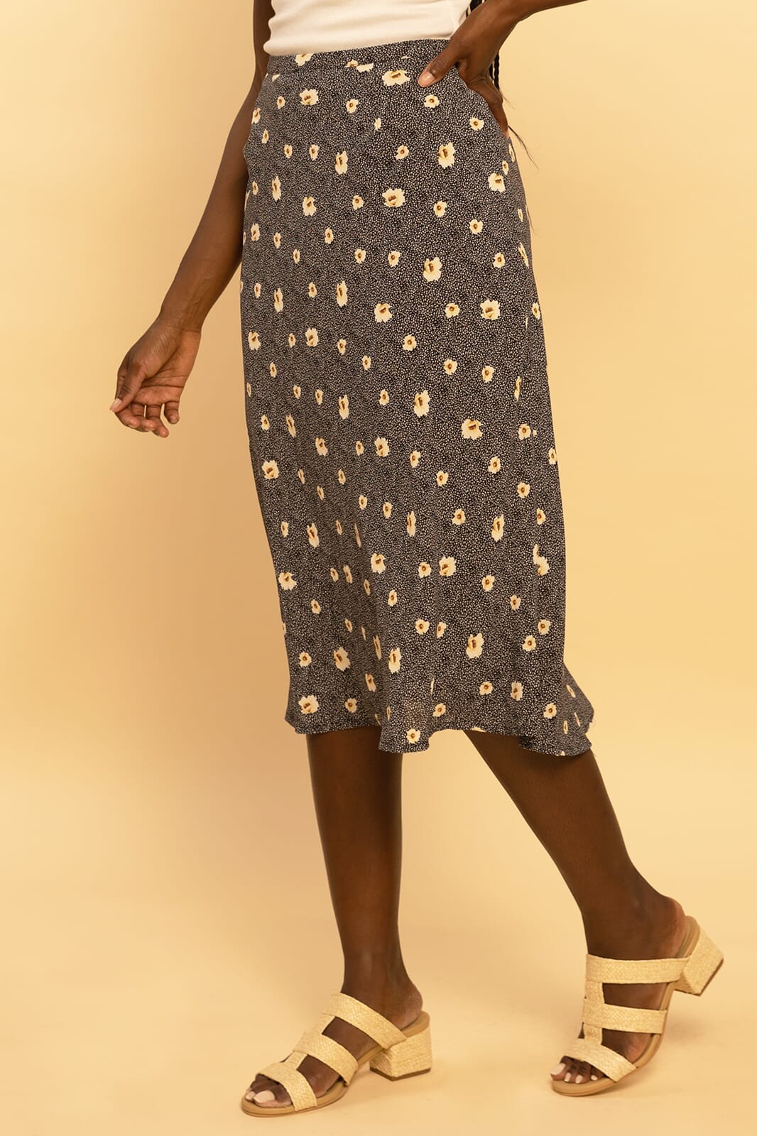 Navy Blue Floral Midi Skirt