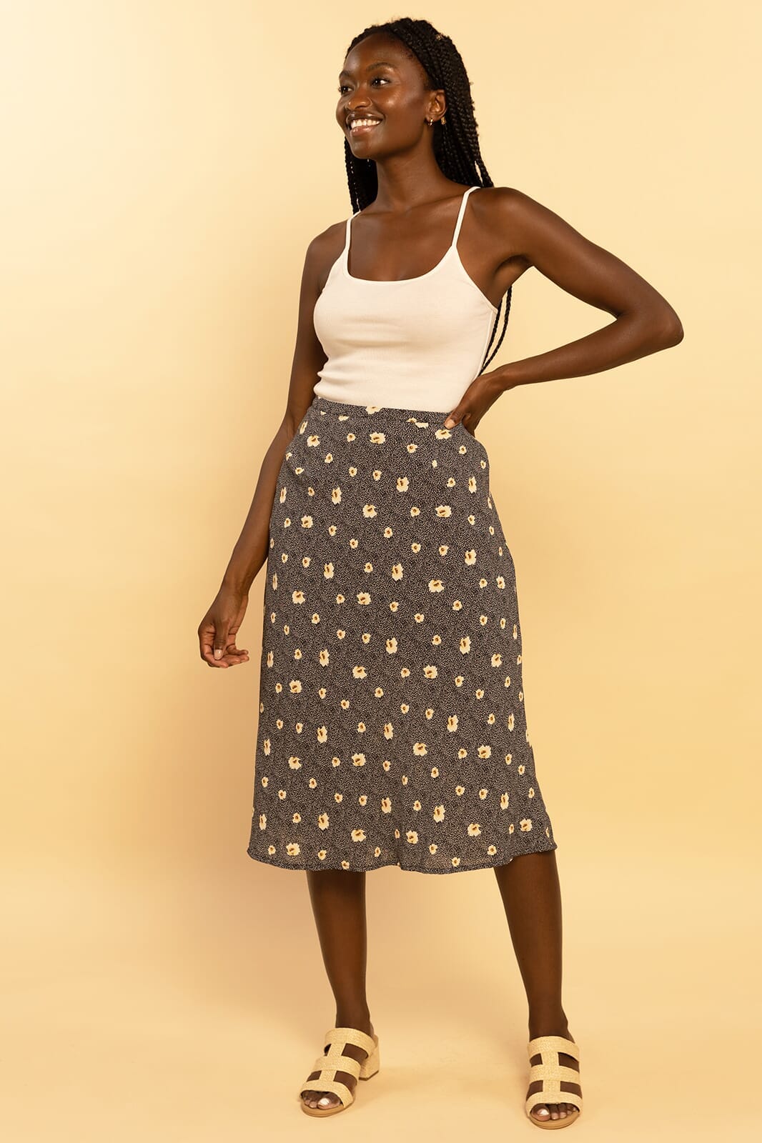 Navy Blue Floral Midi Skirt