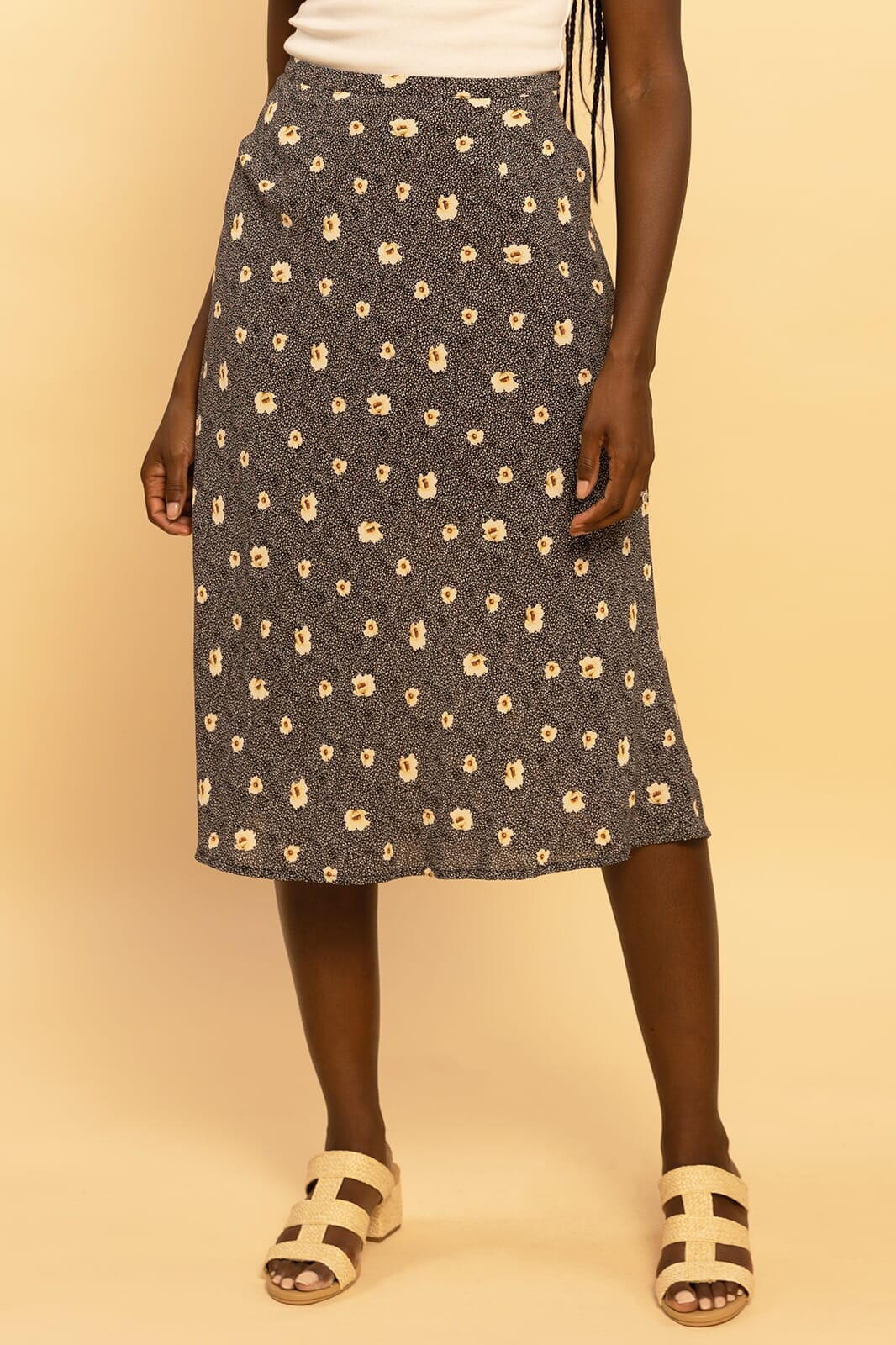 Navy Blue Floral Midi Skirt