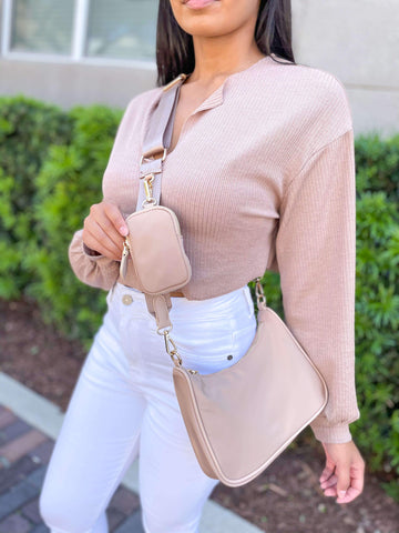 Beige Nylon Crossbody Shoulder Bag With Mini Compartment Pouch