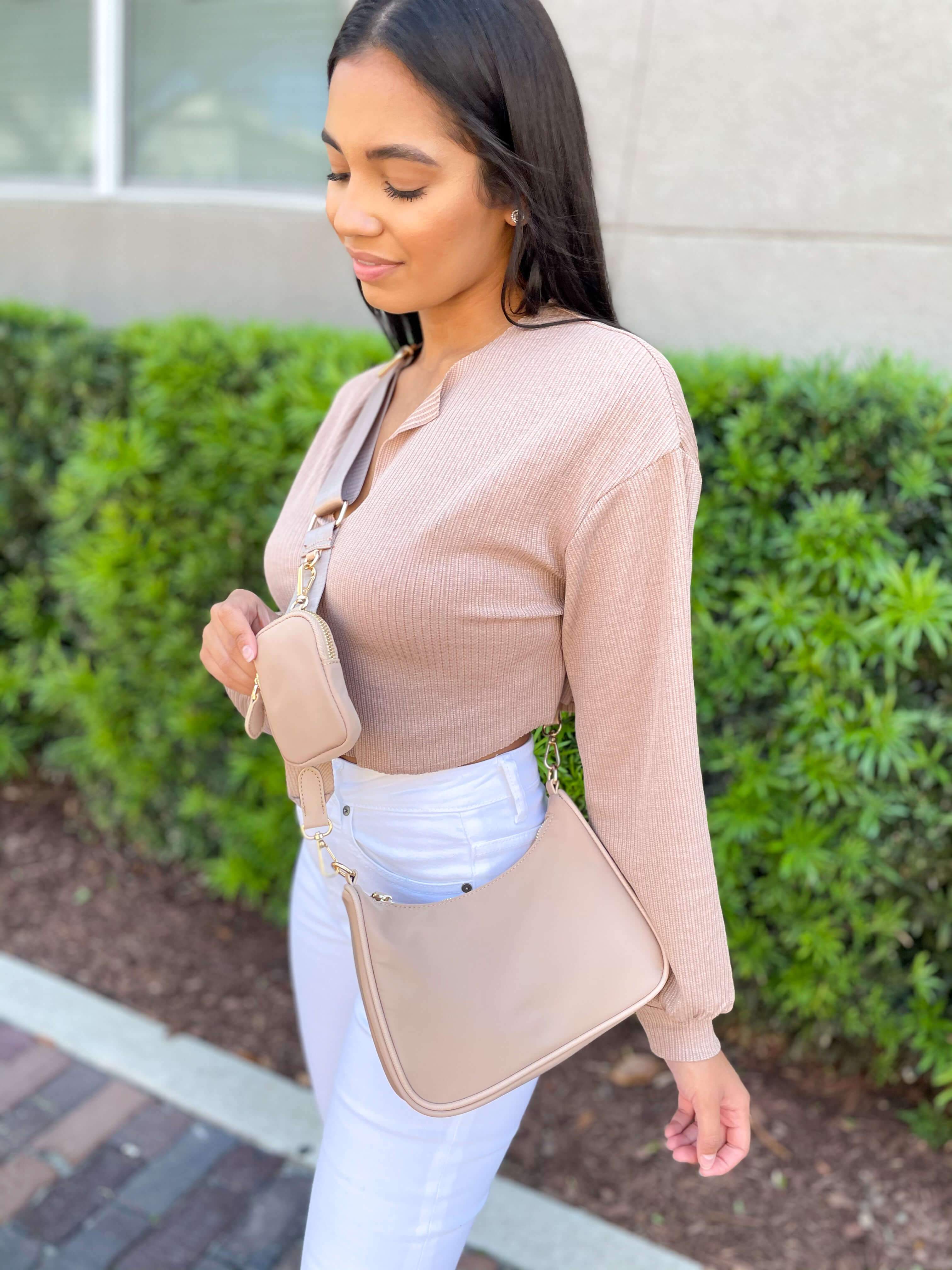 Beige Nylon Crossbody Shoulder Bag With Mini Compartment Pouch