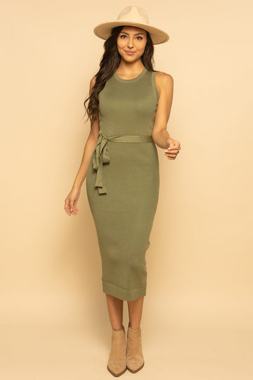 Olive Green Ribbed Sleeveless Belted Knit Midi Dress