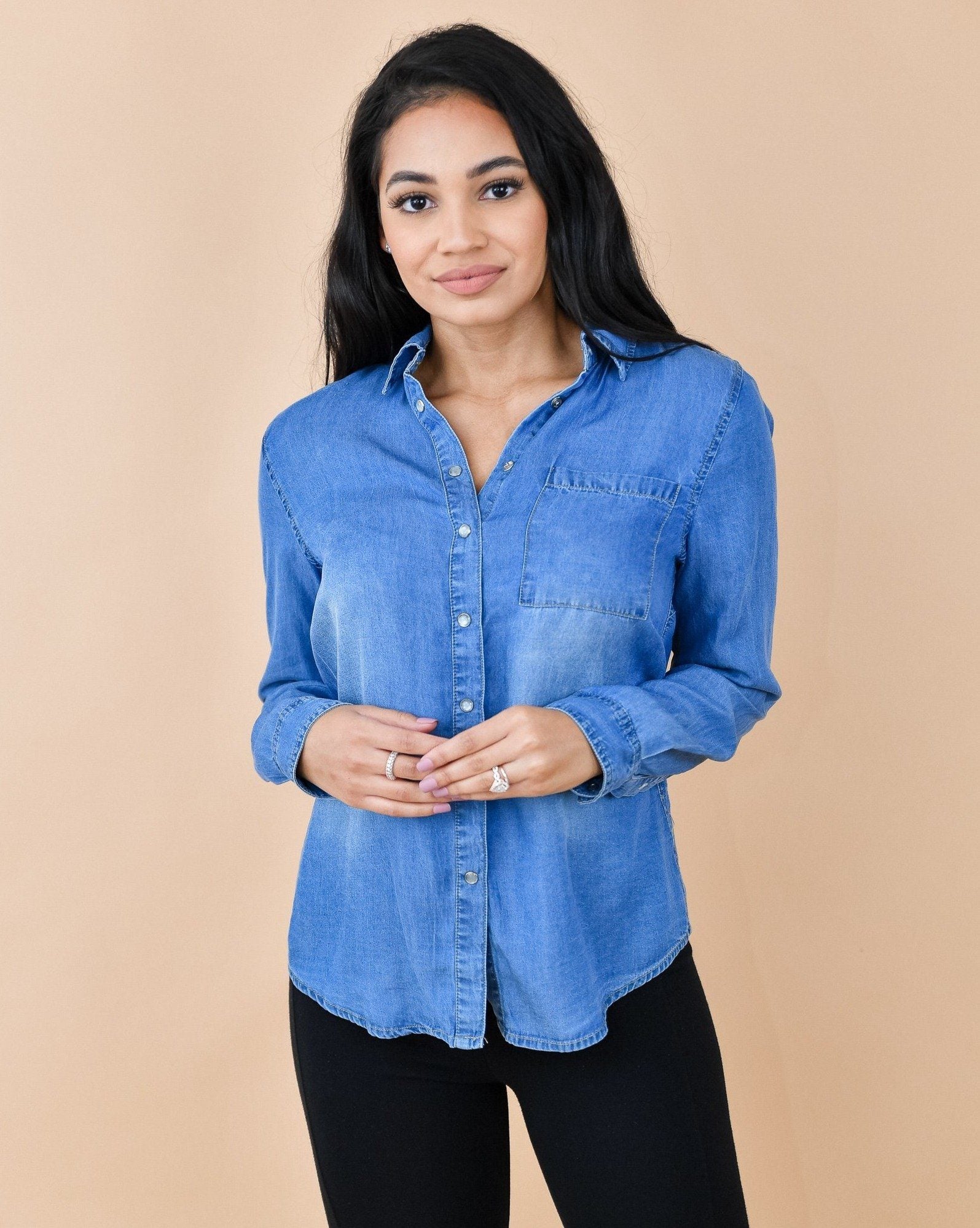 Oversized Chambray Button Up Denim Shirt Dark Wash