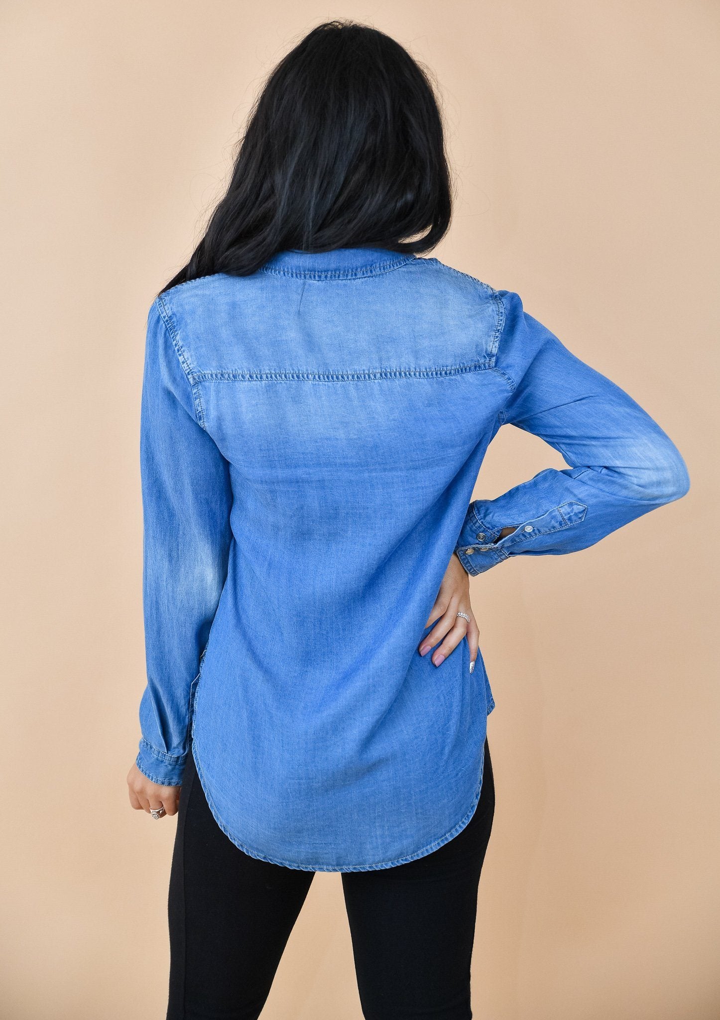Oversized Chambray Button Up Denim Shirt Dark Wash