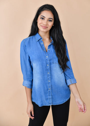 Oversized Chambray Button Up Denim Shirt Dark Wash